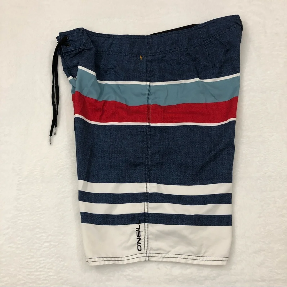 O’Neill Patriotic Navy Blue White Striped Surf Board Shorts Swim Trunks Mens 36